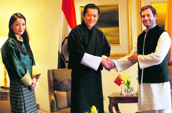 The Bhutan royals with Congress vice-president Rahul Gandhi in New Delhi on Monday.
