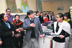 Minister for Higher Education Akbar Lone interacts with students at Government College for Women in Jammu on Saturday. Tribune photo: Inderjeet Singh
