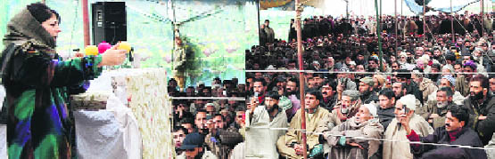PDP president Mehbooba Mufti delivers speech; and workers participate in the meeting at Achabal in Anantnag on Saturday. Tribune photo: Amin War