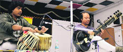 Ustad Nishad Khan performs at Guru Nanak Khalsa College, Gujjarkhan Campus, in Ludhiana on Saturday.
