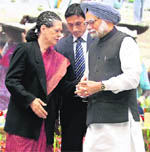 Prime Minister Manmohan Singh and UPA chairperson Sonia Gandhi at the eighth NREGA Divas sammelan in New Delhi on Saturday.
