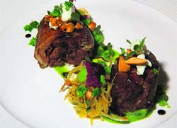 Mutton in broccoli puree, iced feta and smoked almonds