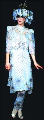 Zandra Rhodes Indian silk suit with peacock feathers and Swarovski crystals