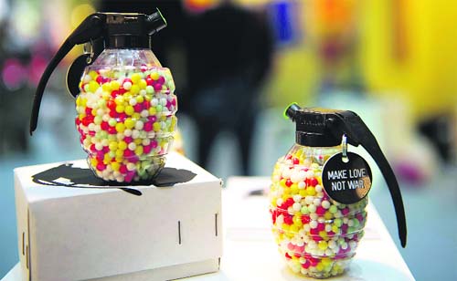 Candy hand-grenades are pictured at the early bird lifestyle fair in Hamburg, northern Germany. On approximately 80,000 square metres, 944 companies presented unusual accessories in the areas of living, fashion, jewellery and wellness.