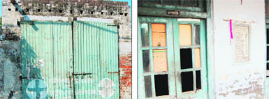 The dilapidated building of the SPCA; and (right) doors and windows without glasses and unplastered walls of the SPCA premises in Amritsar on Sunday.  