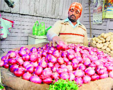 A shopkeeper sells onions on the Majitha Road in Amritsar on Sunday. 
