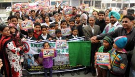 Inspector-General of Police (Bathinda Zone), Nirmal Singh Dhillon (in turban, extreme right) flags off a rally against China Dor at the Agrasen Park in Bathinda on Sunday. The rally was held by the Bathinda Association of NGOs and other organisations. The police also took action against traders selling China Dor and registered cases in this regard.