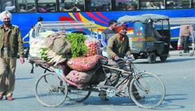 A rickshaw-puller ferries vegetables to the market in the area.