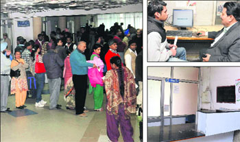 Applicants wait at the RLA office; (right top) a candidate takes a test for learners licence; and (below) no official is posted at the enquiry window inside the office in Chandigarh.