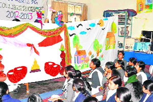 Students being made aware of social malpractices through a puppet show in Haridwar on Sunday.