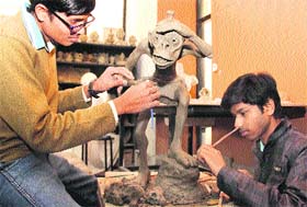 Moulding talent: Students make a clay models at a three-day workshop organised in Jalandhar