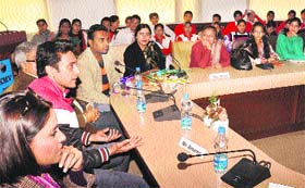 Anurag, director of Punjabi film, Jatt and Juliet, interacts with teachers and students during a two-day workshop on film production held at KMV College in Jalandhar