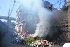 A garbage dump set on fire near the Bhadaur House area in Ludhiana