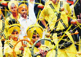 Young Sikh boys perform gatka during the birth anniversary celebrations of Shaheed Baba Deep Singh in Amritsar on Sunday.