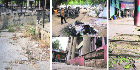1. A view of wild growth at the basement parking at the DCs office in Sector 17, Chandigarh.. 2. Garbage lies scattered in front of the state library. 3 A big crack in the GPO building; 4. A damaged floor of the market adjoining the bridge market