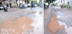 A road in a bad shape in Sector 22-C, Chandigarh and a water-filled potholed road in Sector 21-D, Chandigarh