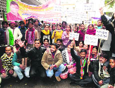 BJP workers, led by city councillor Sachin Gupta, stage a demonstration in front of the DMs office in Dehradun on Monday. 