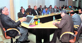 Chief Minister Vijay Bahuguna addresses senior officials of the government at a meeting in the Secretariat, Dehradun, on Monday.