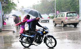 Under protection: A motorcyclist braves rain in Karnal
