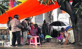Seasons flavour: People wait to have tea as a vendor sits under a tree during rain in Karnal