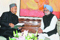 Chief Minister Virbhadra Singh meets Prime Minister Manmohan Singh in New Delhi on Monday.