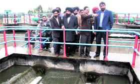 Mayor of Jalandhar Sunil Jyoti takes a round of the sewage treatment plant at Phaloriwal in Jalandhar on Monday.