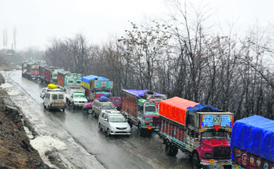 Stranded trucks and passenger vehicles at Qazigund in Anantnag on Monday.