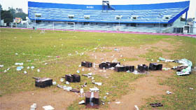 Plastic bottles, cups and boxes strewn at Guru Nanak Stadium after the Canada Kabaddi Cup in Ludhiana on Monday.