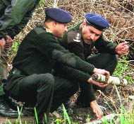 Army officers inspect aircraft rockets at Kharag Mangoli in Panchkula on Tuesday. 