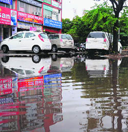 A parking area in the market in Phase XI in Mohali after rain on Tuesday