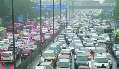 A view of the traffic jam at ITO due to heavy rains in New Delhi on Tuesday.
