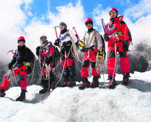 Team members after they scaled the BC Roy peak (17,765 ft) on the Rathong Glacier.