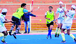 A match in progress on the second day of the seventh All-India Jagtar Memorial Hockey Tournament (U-21) at the PAU in Ludhiana on Tuesday