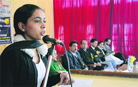 A participant speaks during a seminar at the Government Technical College for Women, Rishi Nagar, Ludhiana, on Wednesday.