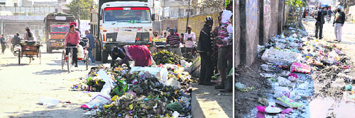 Garbage scattered near Lord Mahavira Hospital and on a street in the Haibowal area of Ludhiana.