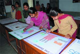 Students of the Government Rajindra College participating in an on-the-spot poster-making competition in Bathinda on Thursday