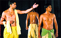Artistes stage a play, Guru Dakshina, at Punjab Kala Bhawan, Sector 16, Chandigarh, on Friday