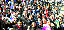 Students in a joyful mood during Cyanide-13 at Panjab University in Chandigarh on Thursday