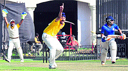 Players in action during a cricket match of the fourth Kings XI Punjab Cricket Cup at the PCA Stadium, Mohali, on Thursday