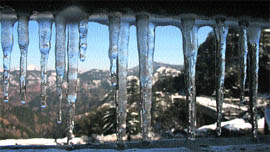 Icicles hang from the roof of a house in Shimla on Thursday.