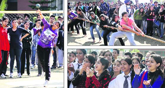 (From clockwise left) Girls of the DAV Institute of Engineering and Technology participate in shotput; in a tug-of-war competition; and audience cheer during the 12th Annual Athletics and Sports Meet in Jalandhar on Thursday