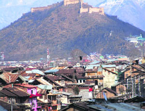 A view of Hari Parbat and shrine of Khwaja Makhdoom Sahib, located on the boundary of old Downtown in Srinagar on Thursday. 