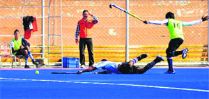 A match in progress during the All-India Jagtar Memorial Hockey Tournament (U-21) at Punjab Agricultural University, Ludhiana, on Thursday. 