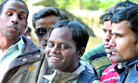 Visually challenged take part in a protest rally for their rights at Jantar Mantar in New Delhi on Friday.