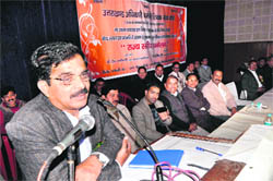 M Nagraj, national president of the All-India Equality Forum, addresses a convention of the Uttarakhand Adhikari Karamchari Shikshak Sangharsh Morcha in Dehradun on Friday.