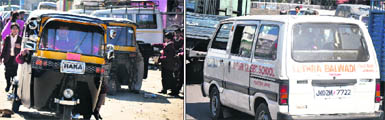 An autorickshaw and (right) a van ferry schoolchildren in Jammu on Friday.