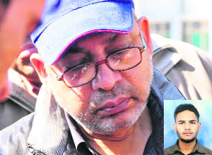 Ashwani Khullar, father of Jatin Khullar (inset), who died in a road accident near the Dhandari area in Ludhiana on Friday. 