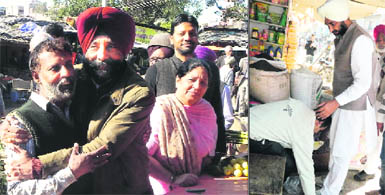 Congress Working Committee member Jagmeet Brar embraces a vegetable seller while (right) a shopkeeper touches the feet of PPP president Manpreet Singh Badal during a door-to-door campaign in Moga on Friday.