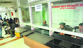 The enquiry office shifted near the entry to the emergency wing to keep a vigil on the staff manning it at Government Multi-Specialty Hospital, Sector 16, in Chandigarh on Saturday.