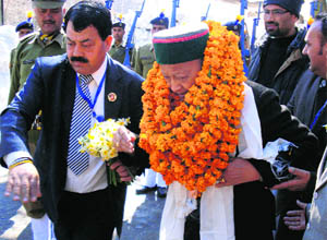 Chief Minister Virbhadra Singh at the winter carnival in Manali on Saturday.